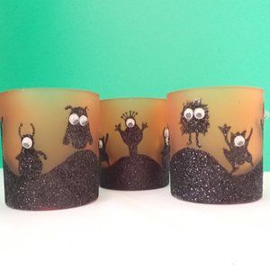 Department56 Halloween Glass Votives/Vintage/googly eyes/monsters. S/3